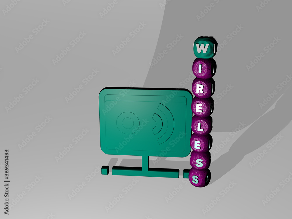 Aufkleber 3d representation of wireless with icon on the wall and text arranged by metallic cubic letters on a