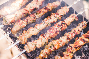 Preparation of shish kebab on barbeque over charcoal. Closeup of grilled meat cooking on metal skewer, smoke. Summer picnic/BBQ. Tasty street food. Traditional eastern dish. Natural bluerred backdrop.