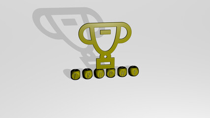 3D graphical image of TROPHY vertically along with text built by metallic cubic letters from the top perspective, excellent for the concept presentation and slideshows. illustration and award