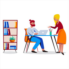 Man and woman working in friendly open space workplace. Coworking, freelance, teamwork, communication, interaction, idea, independent activity concept. Vector illustration on white background