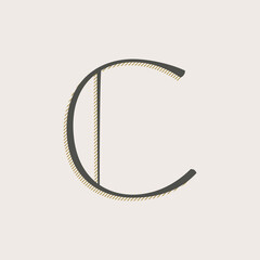 Elegant C letter serif font logo. Classic thin pen lettering with shadow lines.