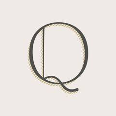 Elegant Q letter serif font logo. Classic thin pen lettering with shadow lines.