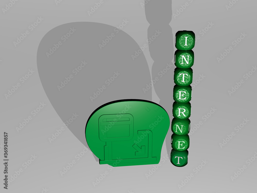 Fototapete 3d illustration of internet graphics and text around the icon made by metallic dice letters for the 