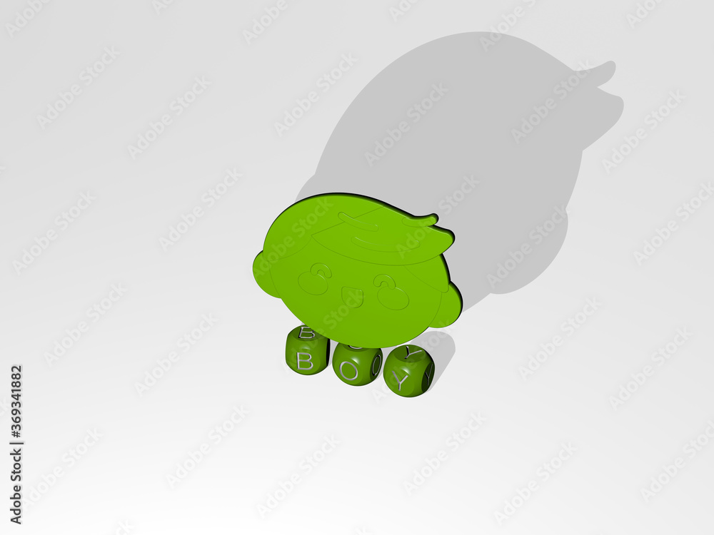 Poster 3d illustration of boy graphics and text made by metallic dice letters for the related meanings of t