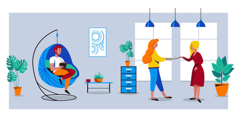 Coworking, freelance, teamwork, communication, interaction, idea, independent activity concept. Man and woman working in friendly open space workplace. Vector illustration on gray background