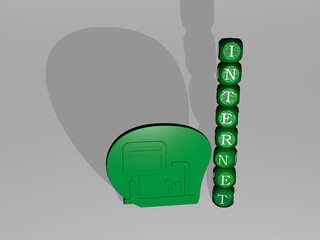 3D illustration of INTERNET graphics and text around the icon made by metallic dice letters for the related meanings of the concept and presentations. business and background
