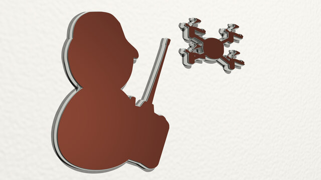MAN WITH DRONE on the wall. 3D illustration of metallic sculpture over a white background with mild texture. aerial and view
