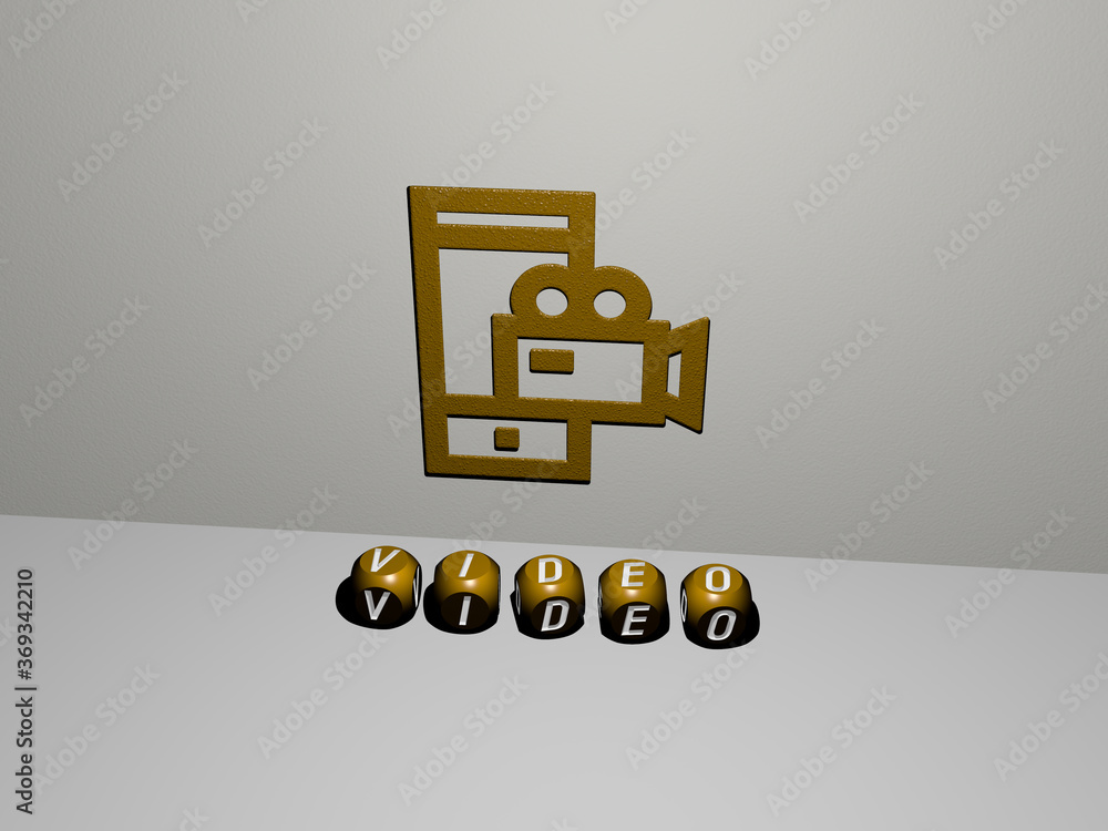 Fototapete 3d illustration of video graphics and text made by metallic dice letters for the related meanings of
