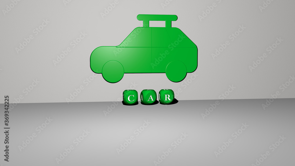 Poster 3d illustration of car graphics and text made by metallic dice letters for the related meanings of t