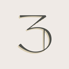 Elegant number three serif font. Classic thin pen lettering with shadow lines.