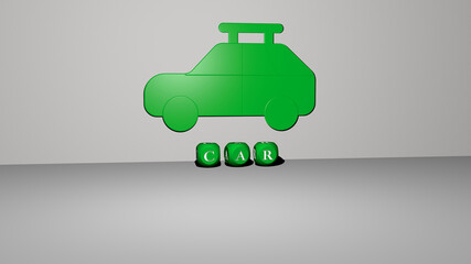 3D illustration of CAR graphics and text made by metallic dice letters for the related meanings of the concept and presentations. auto and automobile