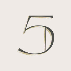 Elegant number five serif font. Classic thin pen lettering with shadow lines.