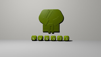 3D illustration of KARATE graphics and text made by metallic dice letters for the related meanings of the concept and presentations. arts and belt