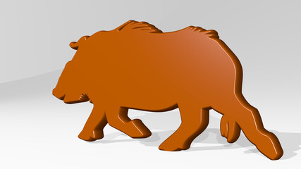 wild bore from a perspective with the shadow. A thick sculpture made of metallic materials of 3D rendering. animal and illustration