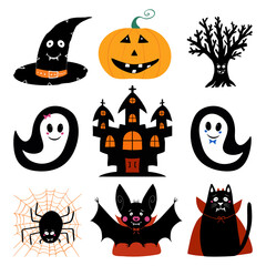 Jack o lantern, witch hat, dry tree, ghost, castle, bat, cat, spider. Halloween characters set. Isolated on white background. Vector stock illustration.