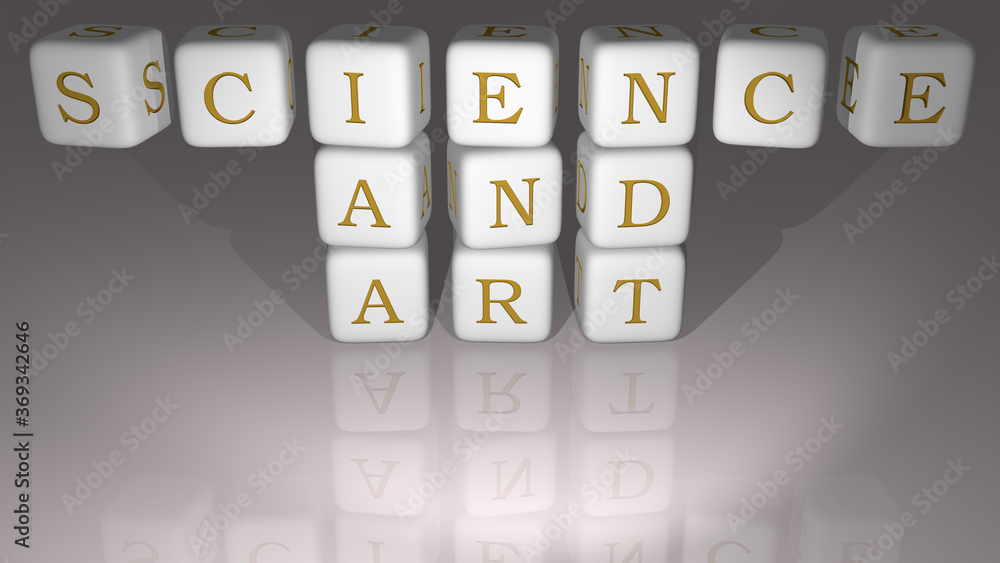 Poster science and art built by dice letters and color crossing for the related meanings of the concept by 