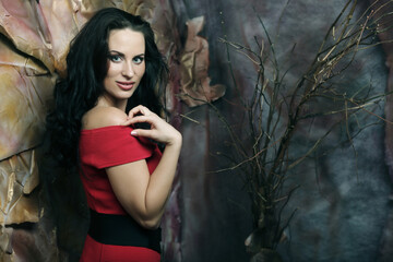 young woman in red dress