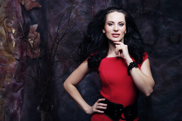 young woman in red dress