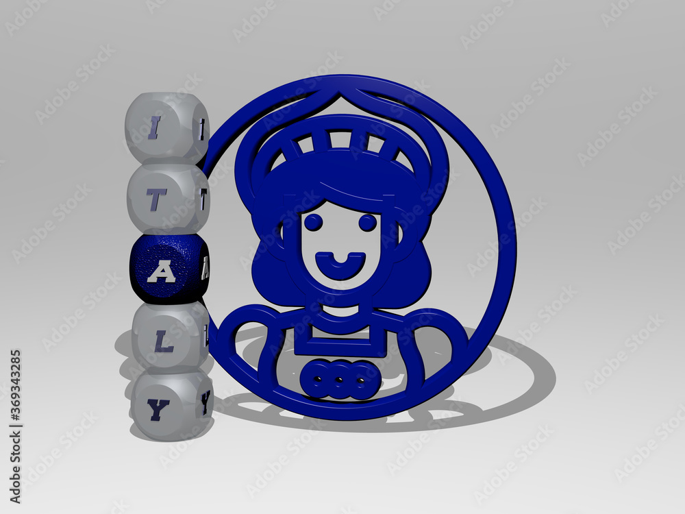 Poster 3d graphical image of italy vertically along with text built around the icon by metallic cubic lette