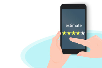 A mobile phone is in the hands of a person. App or website quality assessment. Feedback, approval by clicking on the stars. Five stars user rating. Vector illustration.

