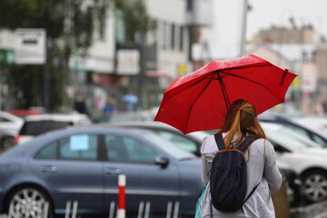 young woman with umbrella in city