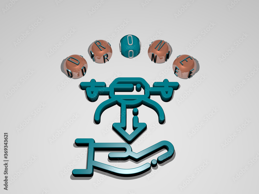 Poster 3d representation of drone with icon on the wall and text arranged by metallic cubic letters on a mi