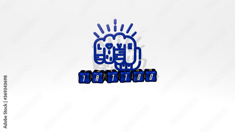 Poster 3d representation of tattoo with icon on the wall and text arranged by metallic cubic letters on a m