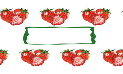 Greeting card, advertising banner with fresh strawberries and a green text frame in the center.Simple pattern.