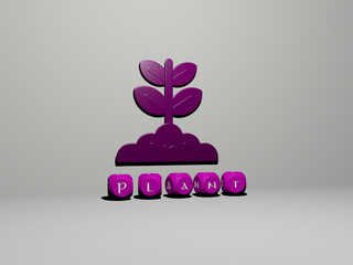 3D illustration of plant graphics and text made by metallic dice letters for the related meanings of the concept and presentations. background and green