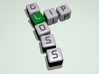 LIP GLOSS combined by dice letters and color crossing for the related meanings of the concept. beauty and background