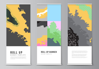 Vector layout of roll up mockup design templates for vertical flyers, flags design templates, banner stands, advertising. Japanese pattern template. Landscape background decoration in Asian style.