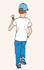 Vector drawing of little boy with ice cream walking along street on summer day