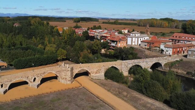 Hospital de Orbigo, village of Leon, Spain. Aerial Drone Footage. Camino de Santiago