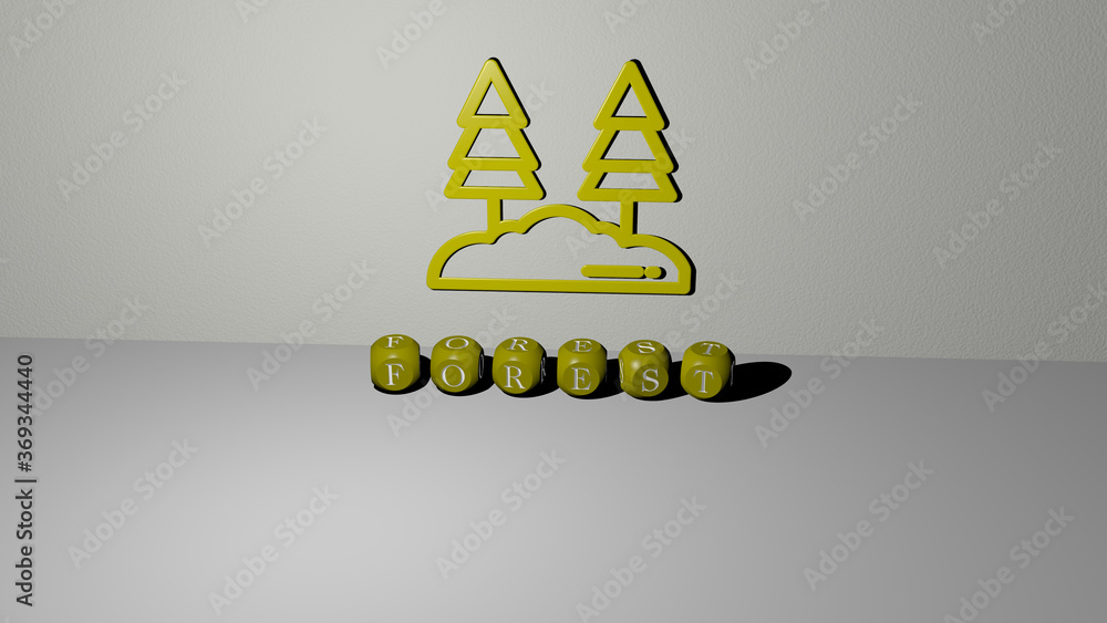 Poster 3d graphical image of forest vertically along with text built by metallic cubic letters from the top