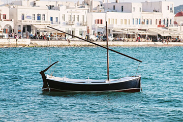 Fototapeta na wymiar Fishing boats in Mykonos Greece. Harbour in Greece