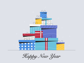 Concept of Christmas and happy new year. Set of Christmas gift boxes with different colors. Flat style vector illustration.