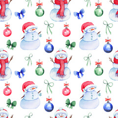 Seamless pattern with snowmen and Christmas balls and bows.