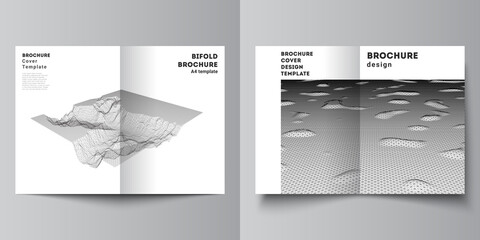 Fototapeta premium Vector layout of two A4 cover mockups templates for bifold brochure, flyer, cover design, book design, brochure cover. Abstract 3d digital backgrounds for futuristic minimal technology concept design.