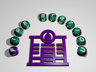 3D graphical image of fire station vertically along with text built around the icon by metallic cubic letters from the top perspective, excellent for the concept presentation and slideshows.