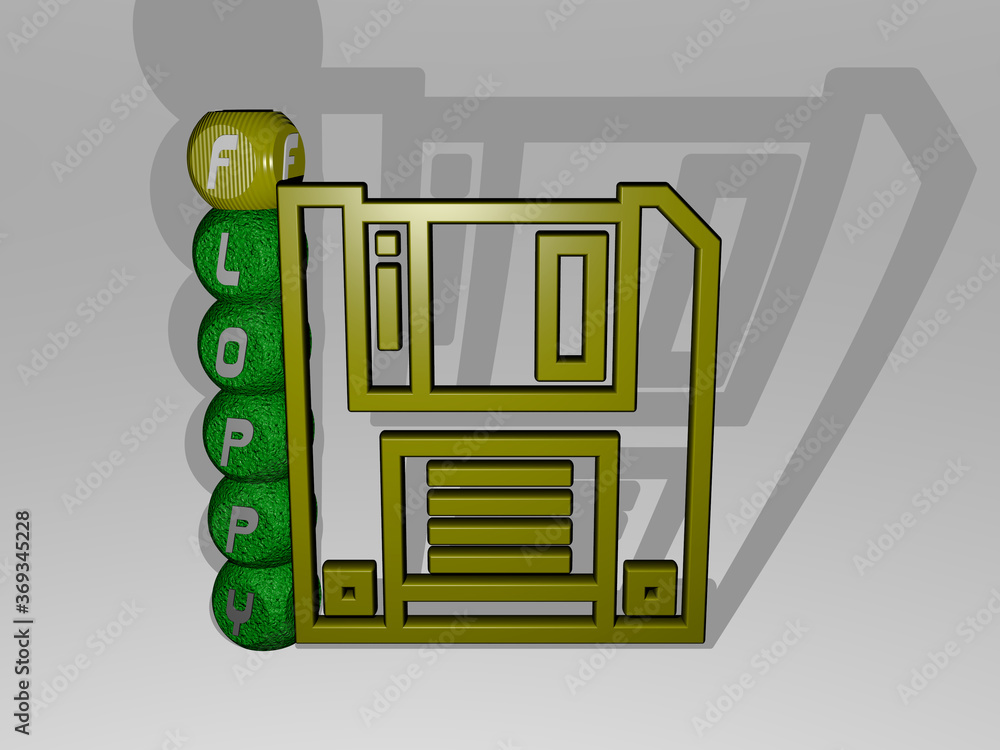 Fototapete 3d illustration of floppy graphics and text around the icon made by metallic dice letters for the re