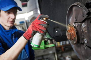 Automobile service. Lubricating car hub while disk and brake pads replacement in repair shop or...