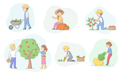 Concept Of Harvesting And Eco Farm. Set Of People In Process Of Harvesting. Male And Female Characters Work On Farm Cropping Fruits And Vegetables. Cartoon Linear Outline Flat Vector Illustration