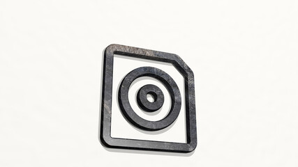 audio file disk on the wall. 3D illustration of metallic sculpture over a white background with mild texture. music and design
