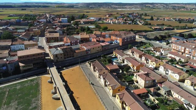 Hospital de Orbigo, village of Leon, Spain. Aerial Drone Footage. Camino de Santiago