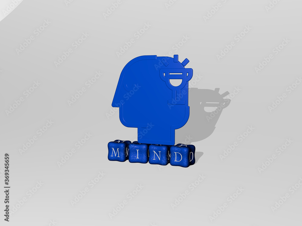 Poster 3d representation of mind with icon on the wall and text arranged by metallic cubic letters on a mir
