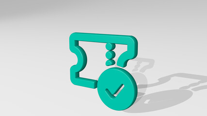 TICKET CHECK stand with shadow. 3D illustration of metallic sculpture over a white background with mild texture. icon and design