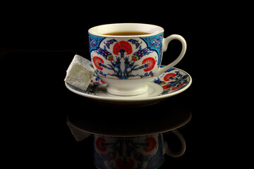 Traditional turkish coffee and turkish delight. Close up.