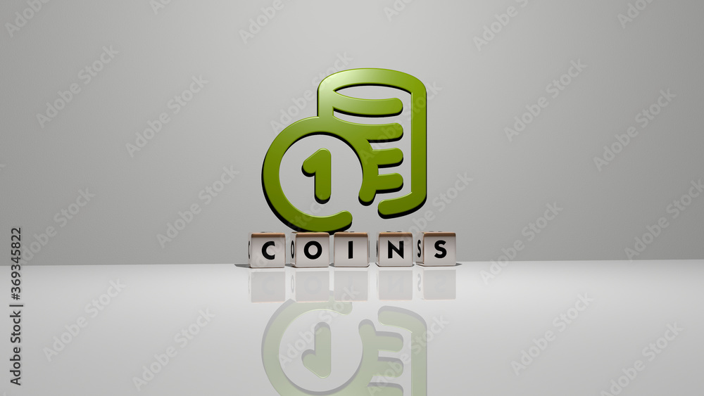 Poster 3d illustration of coins graphics and text made by metallic dice letters for the related meanings of