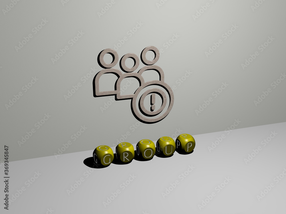 Poster 3d illustration of group graphics and text made by metallic dice letters for the related meanings of