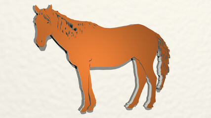 HORSE made by 3D illustration of a shiny metallic sculpture on a wall with light background. animal and beautiful